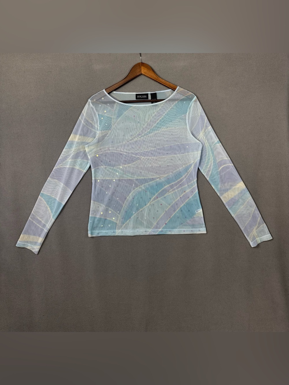 Vintage Y2K New York & Company Pastel Wave Sheer Mesh Long Sleeve Top w/ Sequins